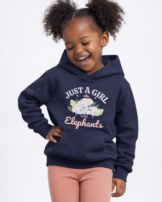 Smiling child model wearing navy elephant graphic hoodie for girls playful pose studio photo