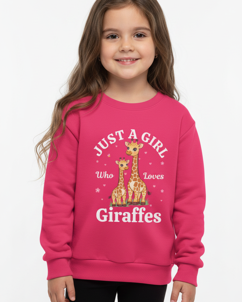 Young girl wearing a pink sweatshirt with giraffe design in a studio setting.