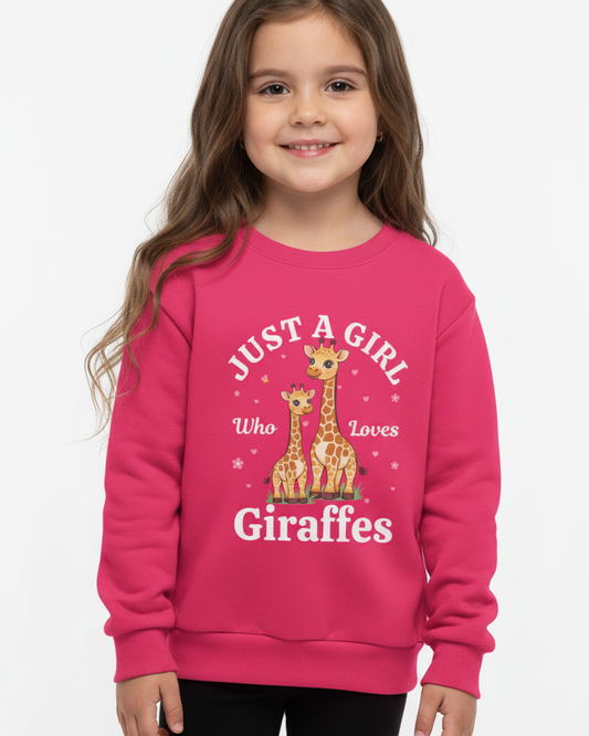 Young girl wearing a pink sweatshirt with giraffe design in a studio setting.