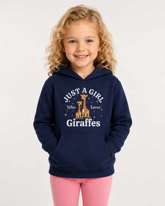 Little girl wearing a navy hoodie with a cute giraffe design and 'Just a girl who loves giraffes" text in a studio setting