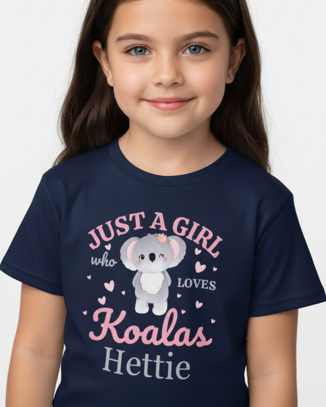 Close-up of personalised koala t-shirt design with name, “Just a Girl Who Loves Koalas” kids graphic print