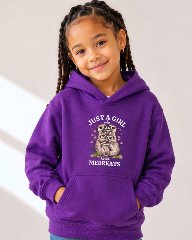 Girl wearing a purple “Just a Girl Who Loves Meerkats” kids hoodie, shown in a  studio setting