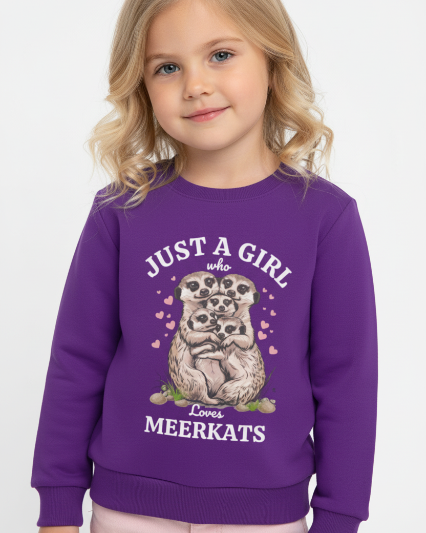 Girl wearing purple sweatshirt with “Just a Girl Who Loves Meerkats” design – cute kids animal jumper outfit