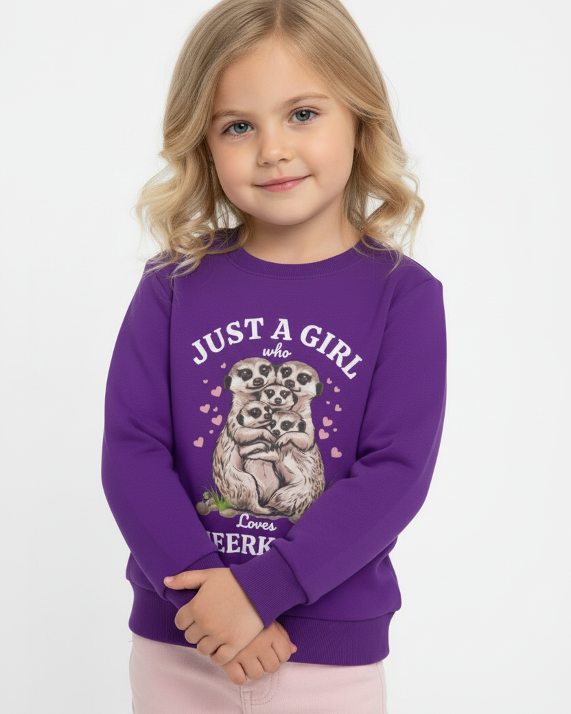 Young girl in purple meerkat sweatshirt with cute animal graphic – kids cosy jumper for girls