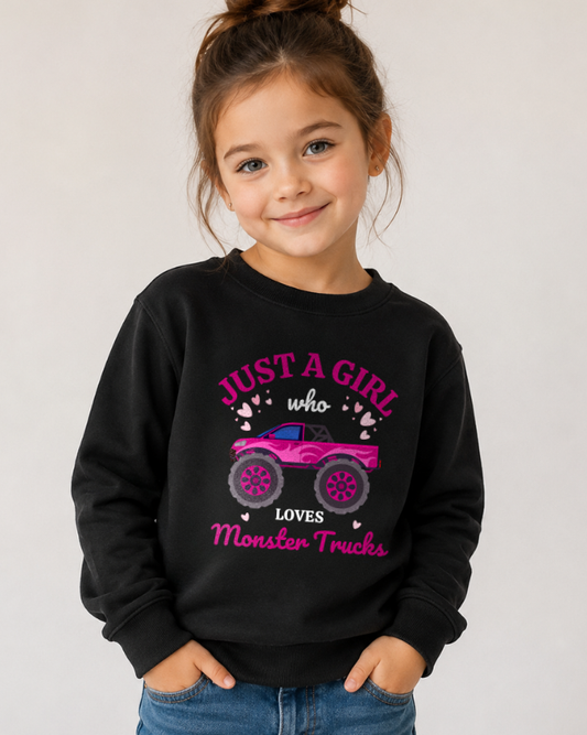 Girl wearing black "Just A Girl Who Loves Monster Trucks" sweatshirt with jeans