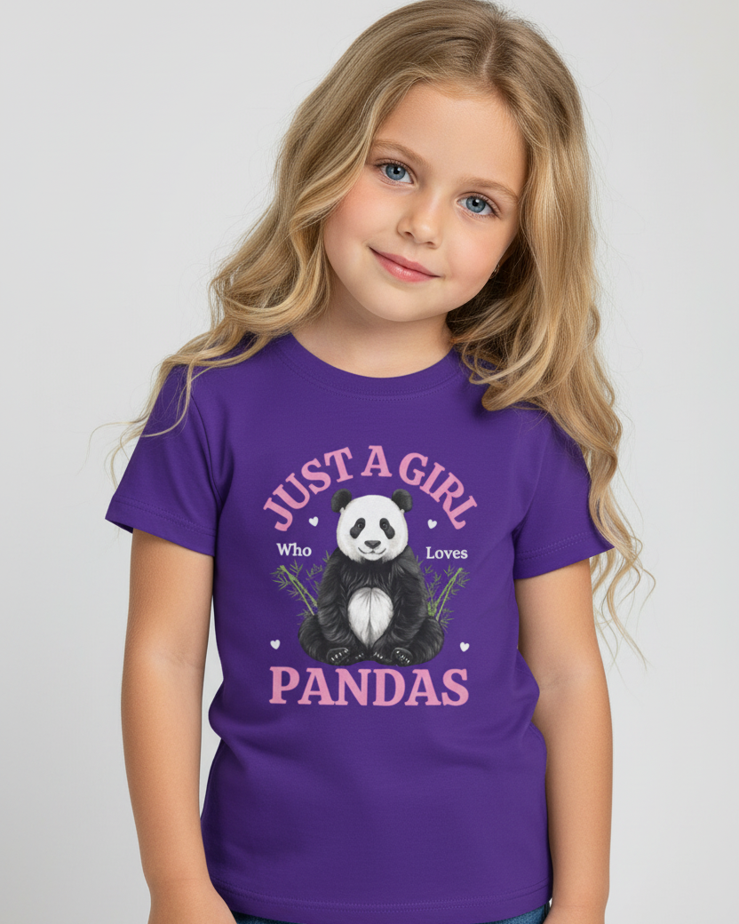 Girl modelling purple “Just A Girl Who Loves Pandas” children’s t-shirt with bright pink lettering and panda design, studio product image