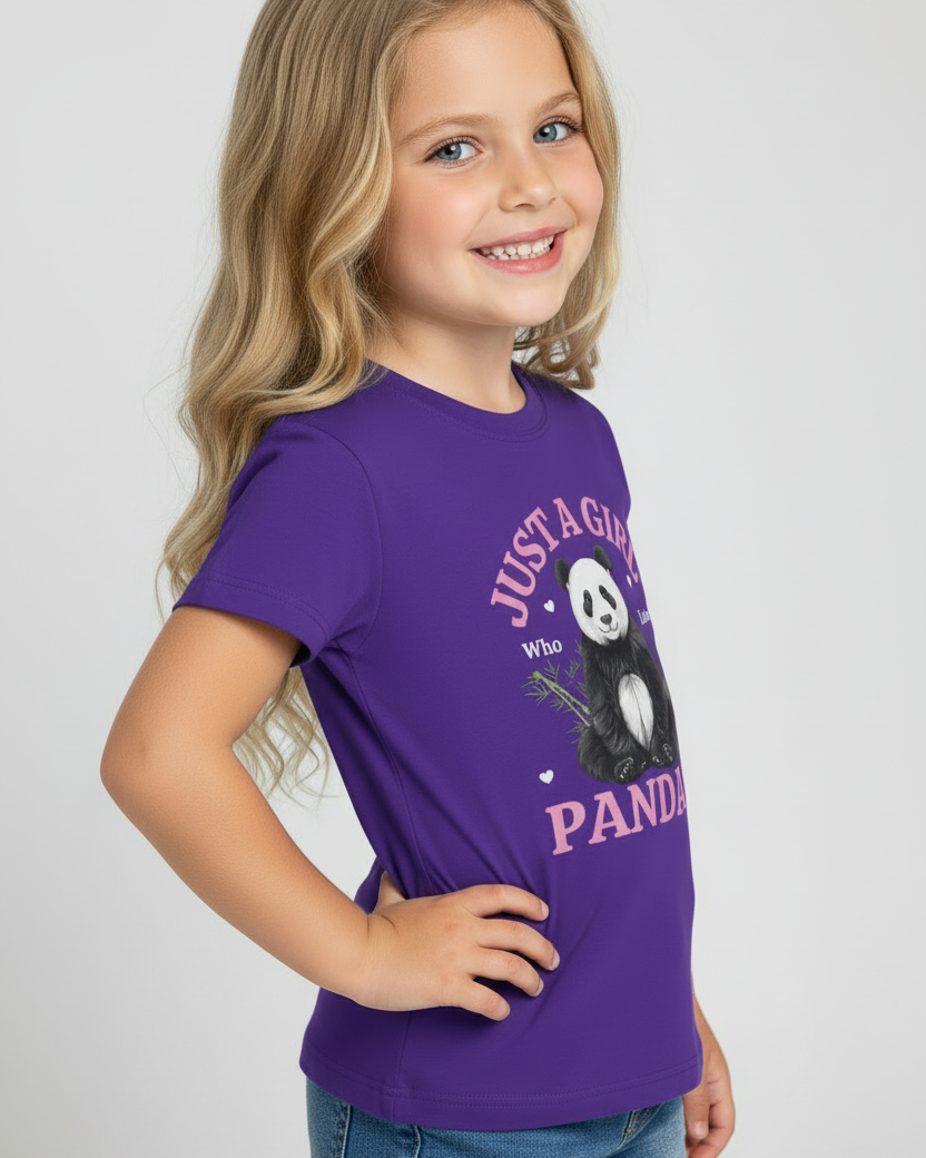 Side view of purple girls panda t-shirt with “Just A Girl Who Loves Pandas” slogan, kids cotton tee close-up studio shot