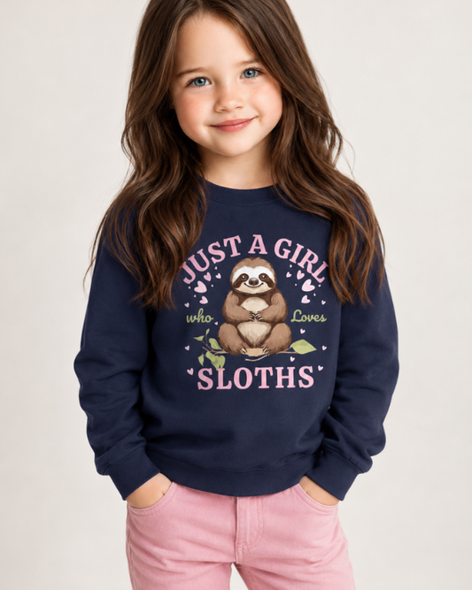 Girls navy Just a Girl Who Loves Sloths sweatshirt modelled by child in studio