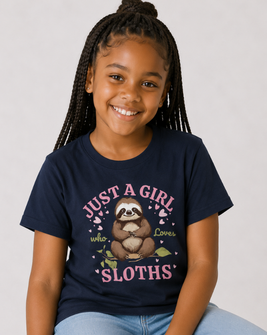 Girl wearing navy “Just a Girl Who Loves Sloths” kids t-shirt – cute sloth graphic tee by Peachy Finders