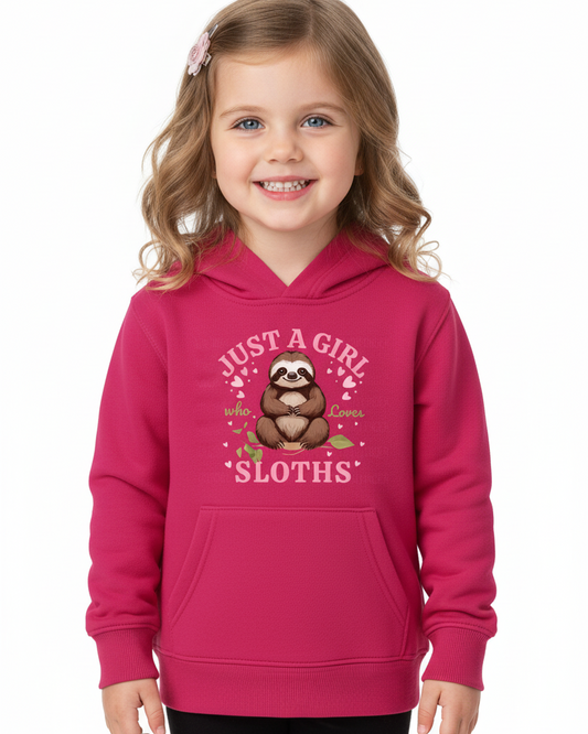 Peachy Finders girls pink sloth hoodie with “Just a Girl Who Loves Sloths” design, cute kids animal hoodie