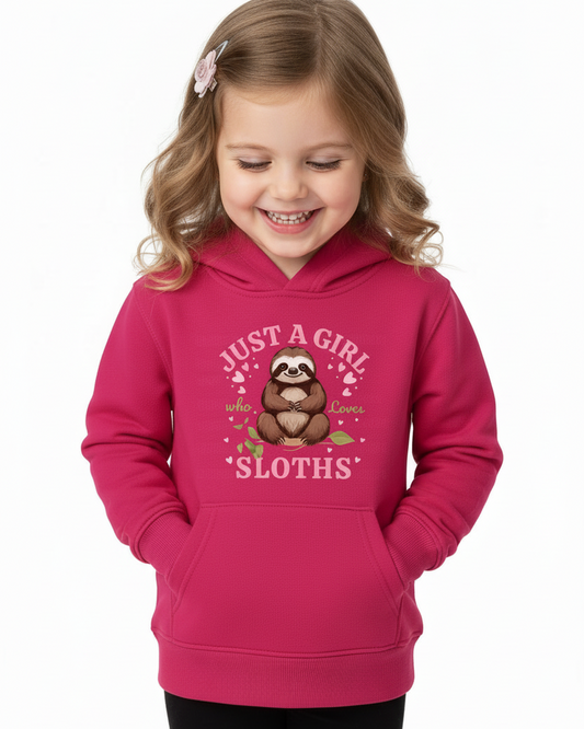 Girl wearing pink sloth hoodie with cute sloth graphic and “Just a Girl Who Loves Sloths” slogan, kids hoodie lifestyle image