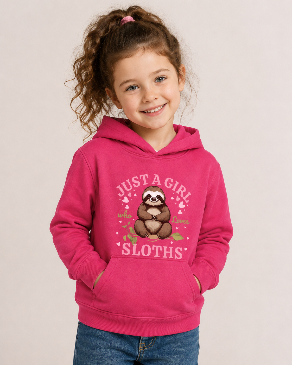 A young girl with curly brown hair in a ponytail wearing a bright pink hoodie with a sloth graphic and the text 'JUST A GIRL who loves SLOTHS'. She is also wearing blue jeans, standing against a light beige studio background.