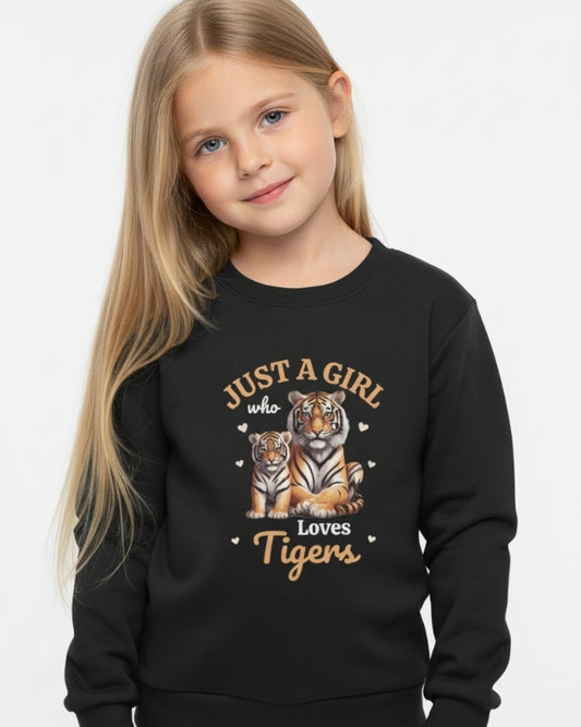 Girls black sweatshirt with tiger graphic “Just a Girl Who Loves Tigers”, kids animal lover jumper, cute tiger design for girls