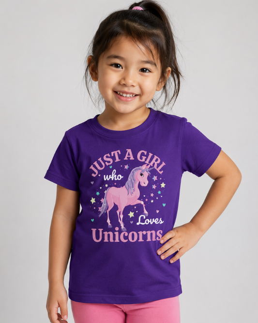 Girls purple unicorn t-shirt with “Just a Girl Who Loves Unicorns” graphic, worn with pink leggings in a studio mockup