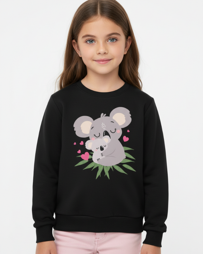 Girl wearing black koala sweatshirt with cute animal graphic, kids long sleeve top studio image