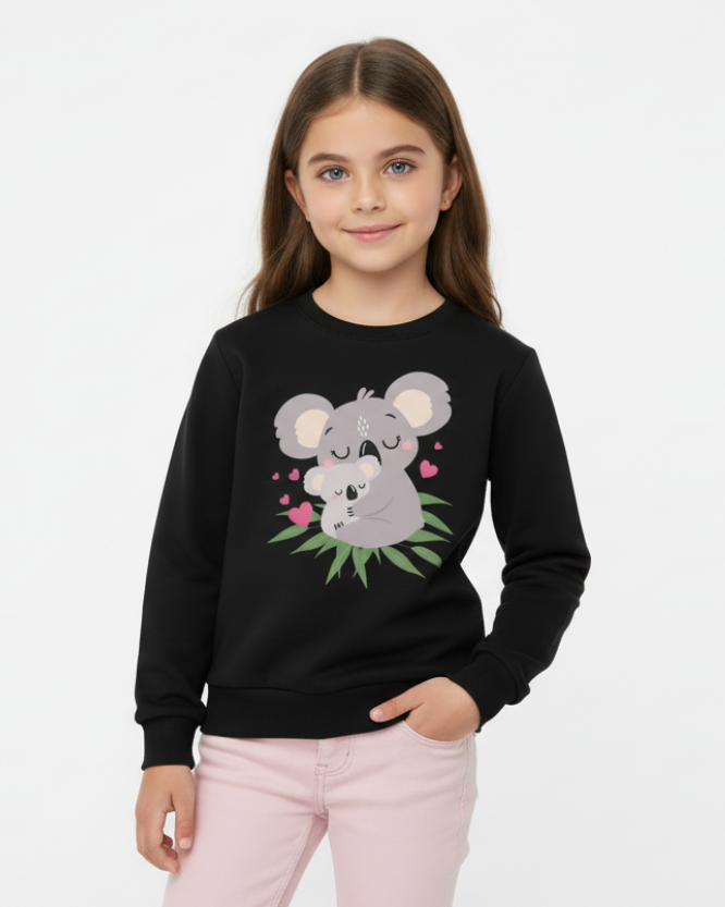 Young girl wearing black koala sweatshirt with cute design, casual kids outfit studio portrait