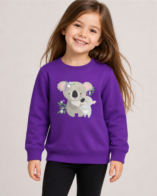 Kids purple koala sweatshirt girl model smiling studio, cute mum and baby koala design children’s jumper