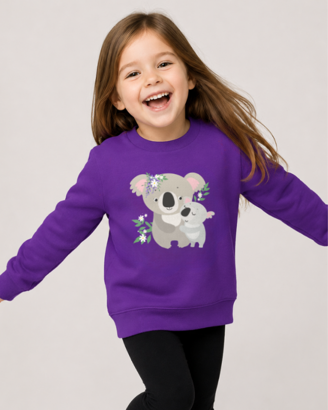 Girls purple koala sweatshirt action pose, fun kids animal jumper with cute koala graphic