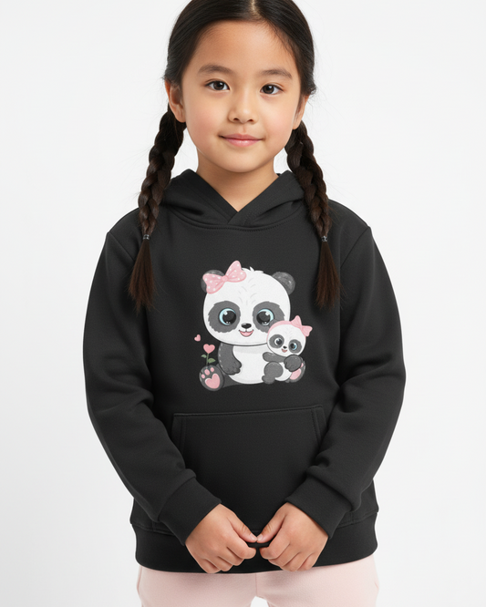 Front view of girls black panda hoodie with pink bow mum and baby panda graphic, soft kids hoodie