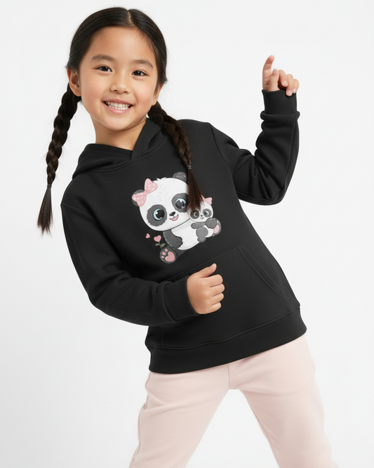Girl modelling Peachy Finders black panda hoodie, cute mum and baby panda design, kids cosy pullover sweatshirt