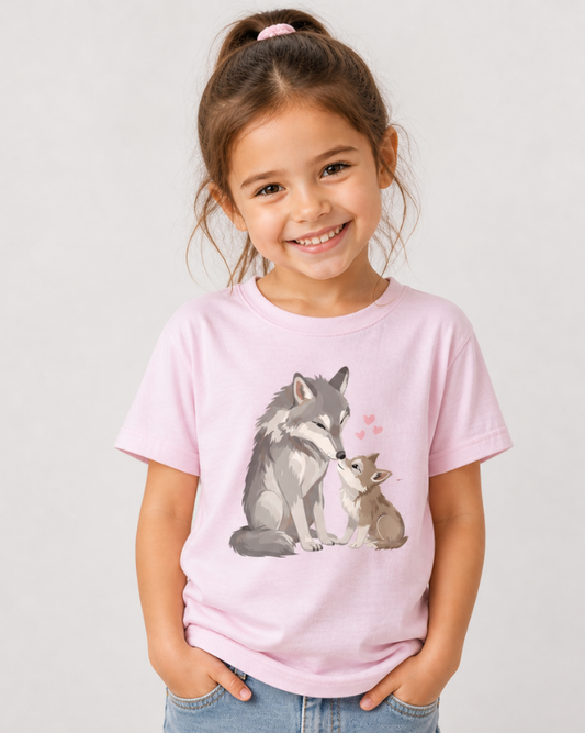 Girls wolf t-shirt light pink worn by young girl, cute mum and cub wolf graphic kids clothing UK