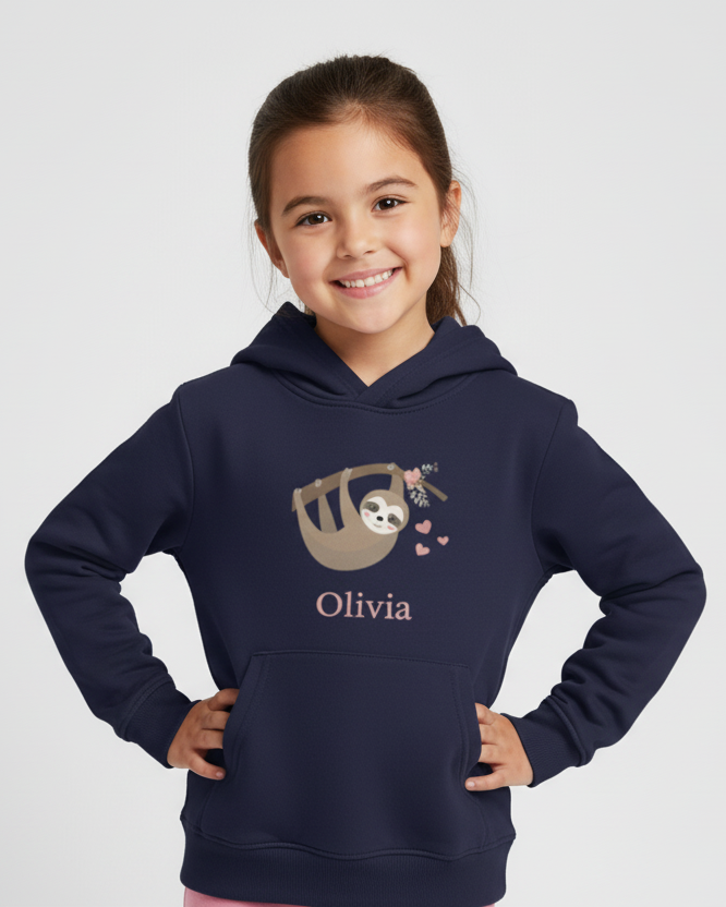 Smiling girl wearing a navy personalised kids hoodie with a cute sloth graphic and the name Olivia printed on the front, studio background