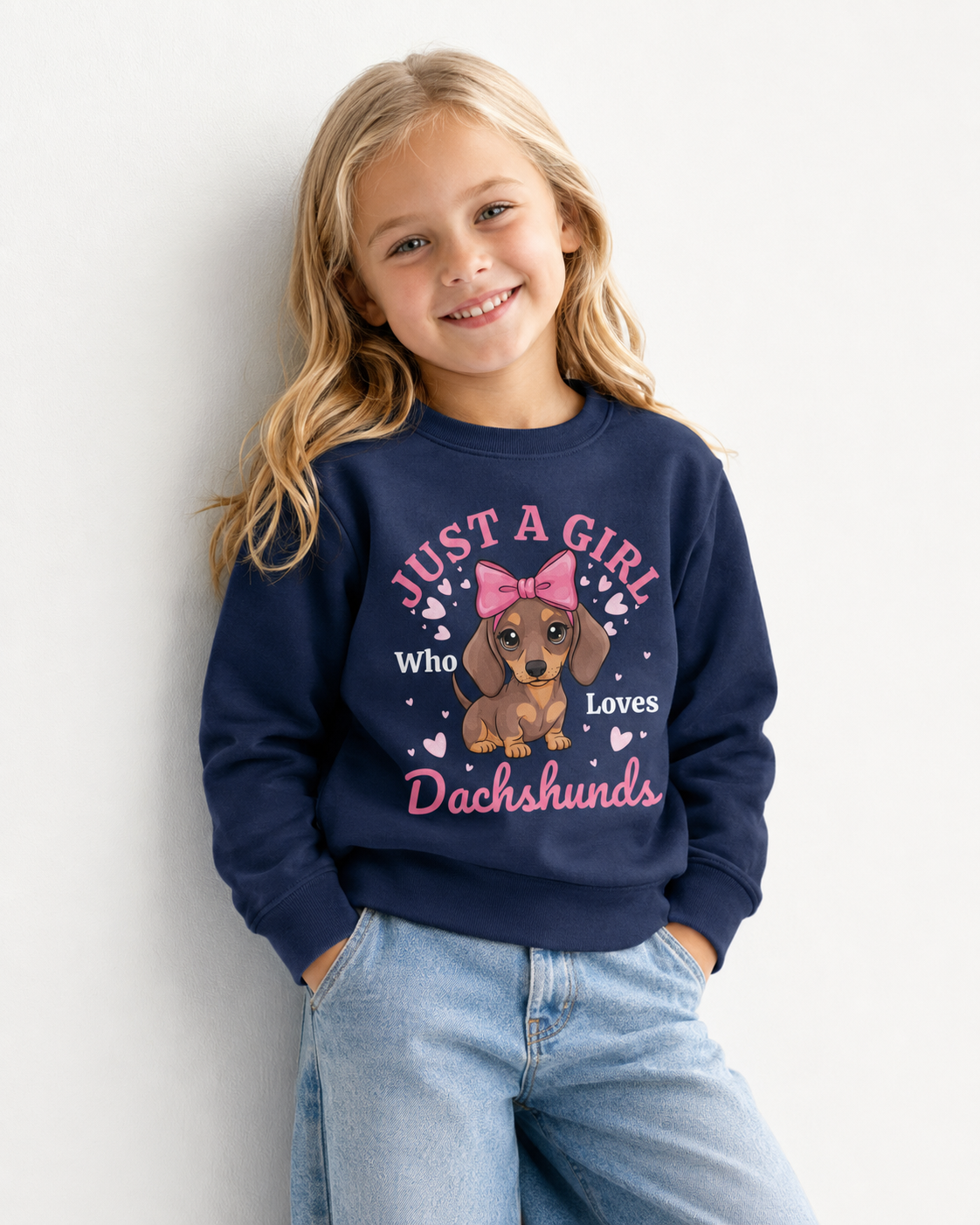 Smiling blonde girl wearing a navy kids sweatshirt with a cute dachshund in a pink bow surrounded by hearts and “Just a Girl Who Loves Dachshunds” text, styled with wide-leg light denim jeans.