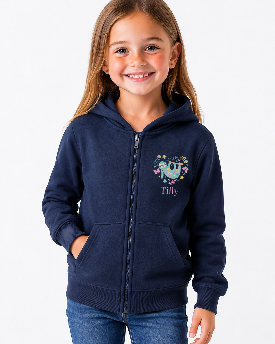 A young girl with long light brown hair smiling, wearing a navy blue zip-up hoodie with a colourful floral sloth graphic and the name 'Tilly' printed on the chest, paired with blue jeans, against a plain white background.