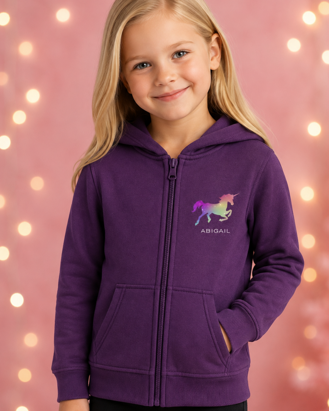 A young girl with blonde hair wearing a purple full-zip hoodie with a colorful unicorn graphic and the name 'ABIGAIL' printed on the chest, set against a pink background with warm bokeh lights.