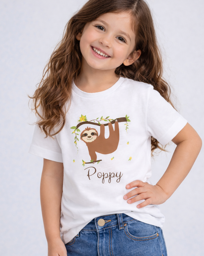 Young girl smiling in studio wearing personalised white sloth t-shirt with name Poppy, paired with blue jeans, hand on hip, light grey background.