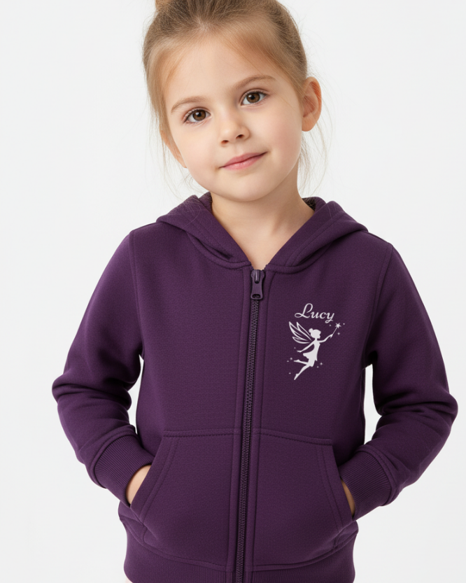 Young girl wearing personalised purple fairy zip hoodie with custom name and fairy design