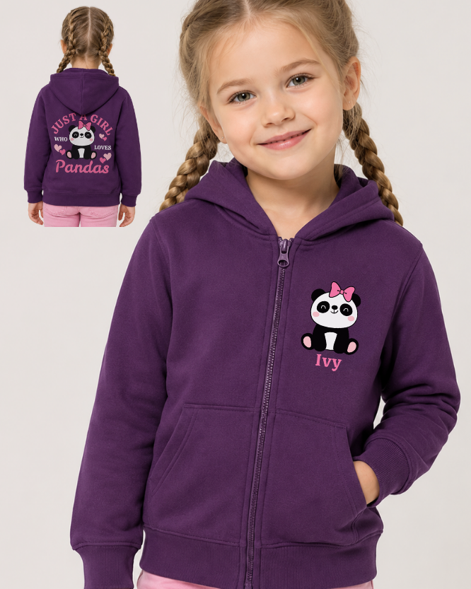 A young girl with braided hair wearing a purple zip-up hoodie with a panda graphic and custom name on the left side of chest. The image includes a small inset showing the back of the hoodie with a large "Just a girl who loves pandas" graphic and text.