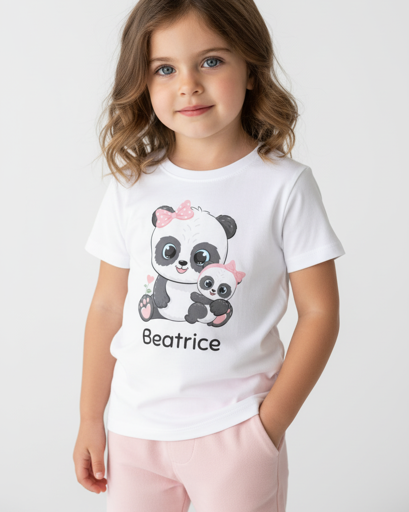 Pretty young girl modelling a personalised mum and baby panda t-shirt in white with custom name text, studio background