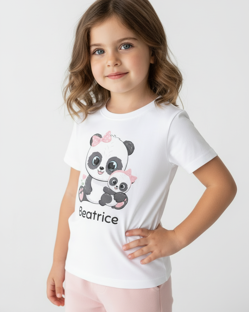 Girl wearing personalised mum and baby panda graphic t-shirt in white, angled studio photo showing fit and print placement