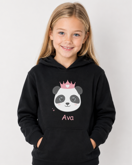 Young girl wearing a black hoodie with a panda design and 'Ava' text on a white background