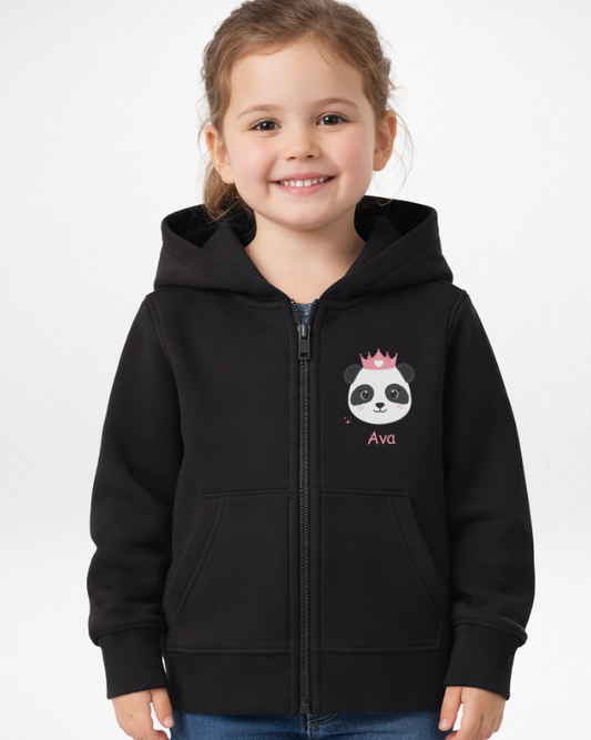 Child wearing a black zip hoodie with a panda design and name 'Ava' on a white background