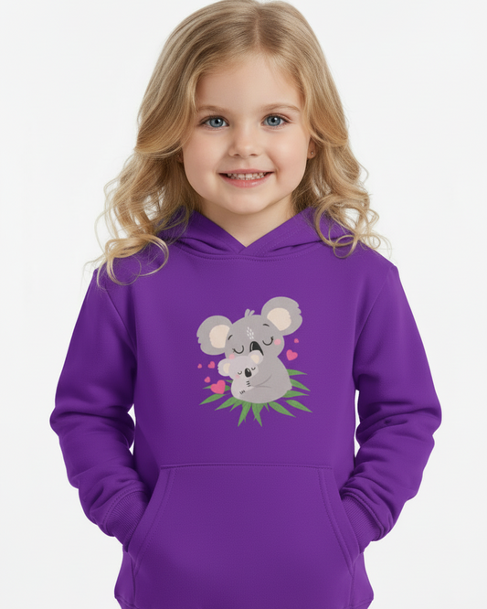 Child wearing a purple hoodie with a koala design on a white background