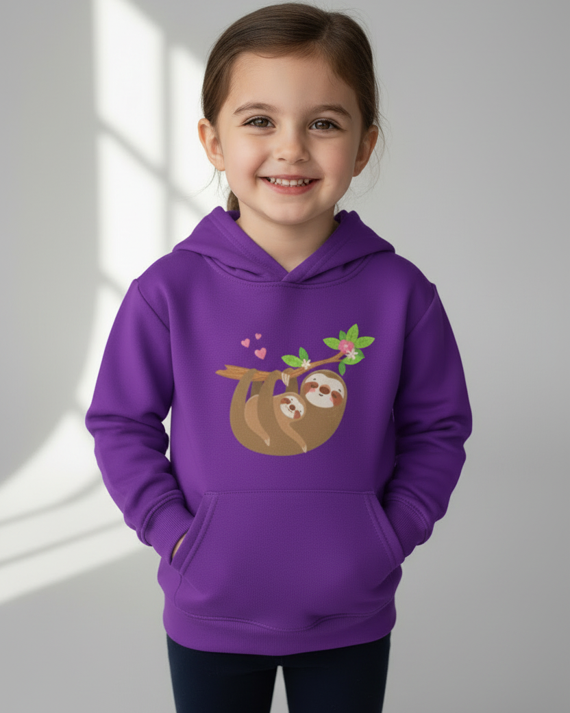 Girl wearing purple sloth graphic hoodie in studio, kids pullover with front design fully visible.