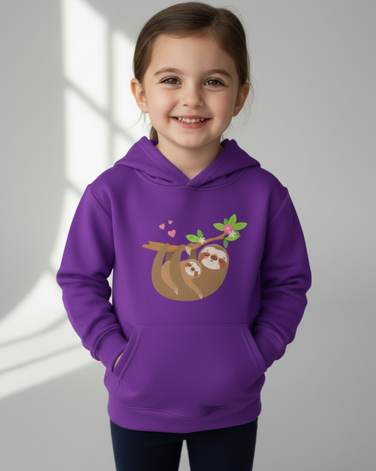 Girl wearing purple sloth graphic hoodie in studio, kids pullover with front design fully visible.