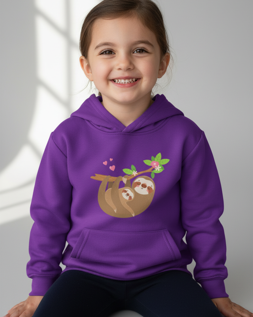 Smiling girl sitting in studio wearing purple sloth print hoodie, soft fleece kids hoodie with kangaroo pocket.