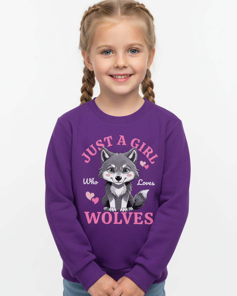 Girl wearing purple sweatshirt with “Just a Girl Who Loves Wolves” design – cute kids wolf jumper for girls