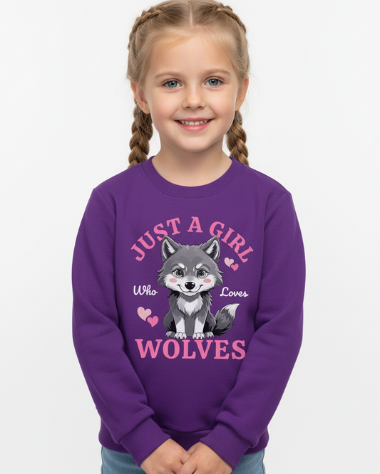 Girl wearing purple sweatshirt with “Just a Girl Who Loves Wolves” design – cute kids wolf jumper for girls