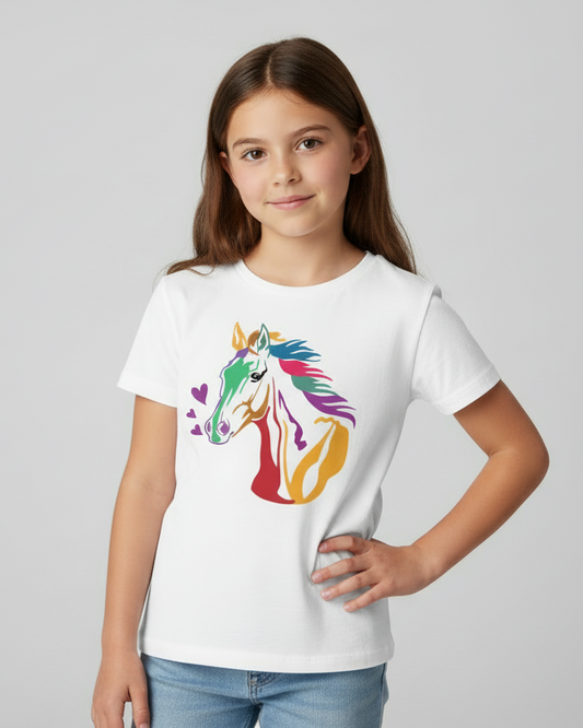 Smiling girl modelling a white children’s T-shirt with vibrant rainbow horse design, photographed against a clean grey studio backdrop.