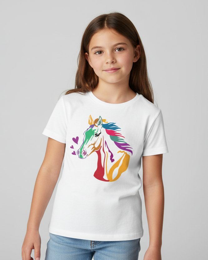 Girl wearing a white kids T-shirt featuring a colourful rainbow horse graphic, styled with jeans on a light grey studio background.