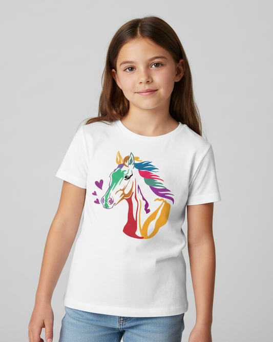 Girl wearing a white kids T-shirt featuring a colourful rainbow horse graphic, styled with jeans on a light grey studio background.