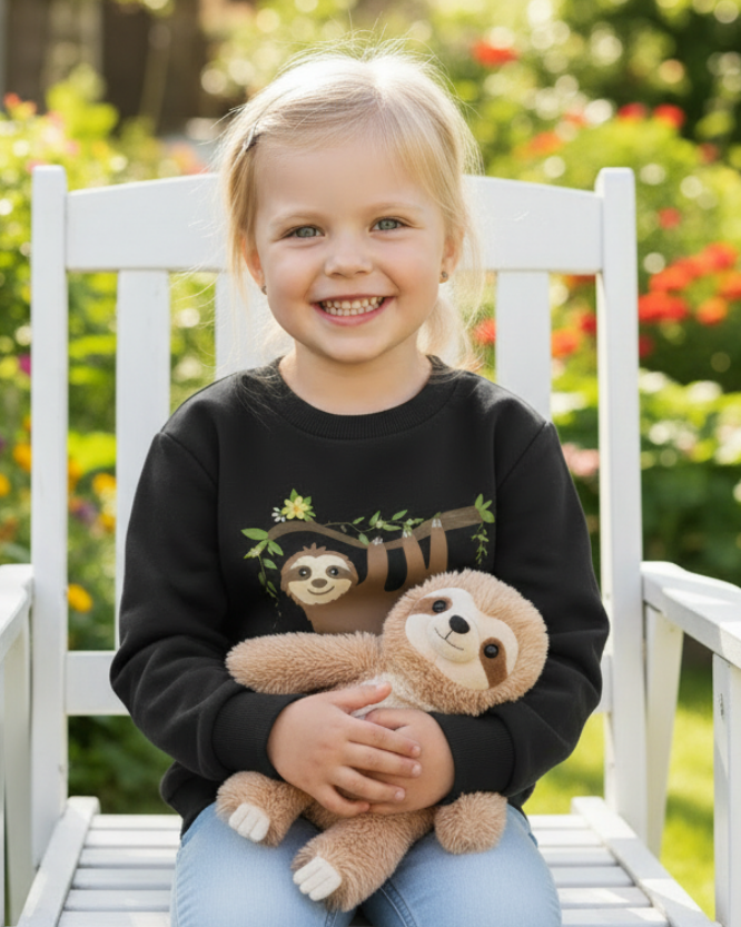 Child sitting on a white chair outdoors holding a sloth plush toy, wearing a black sweater with a sloth design.