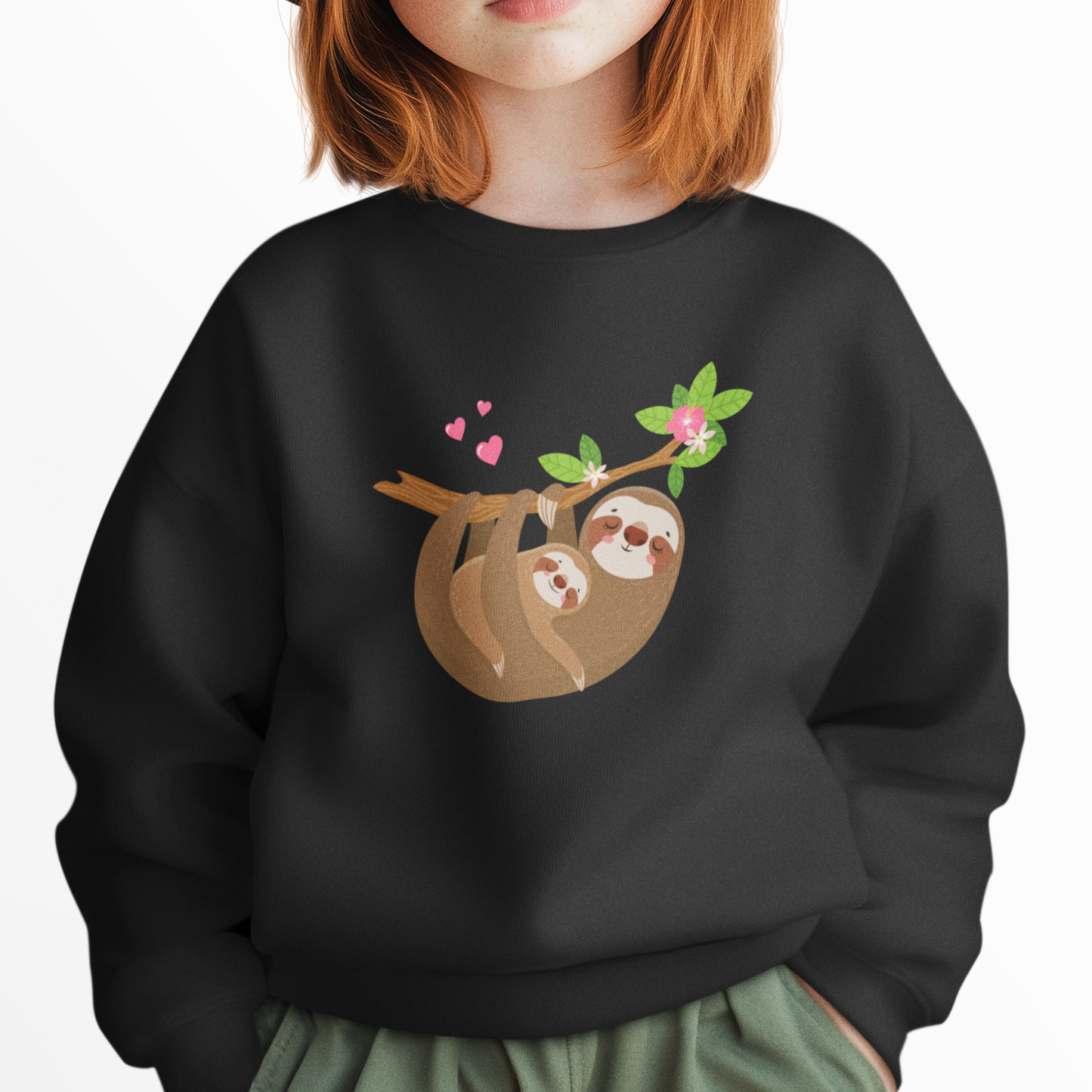  Girls models a sweatshirt featuring a cute sloth cuddling a baby sloth on a branch with flowers and hearts.