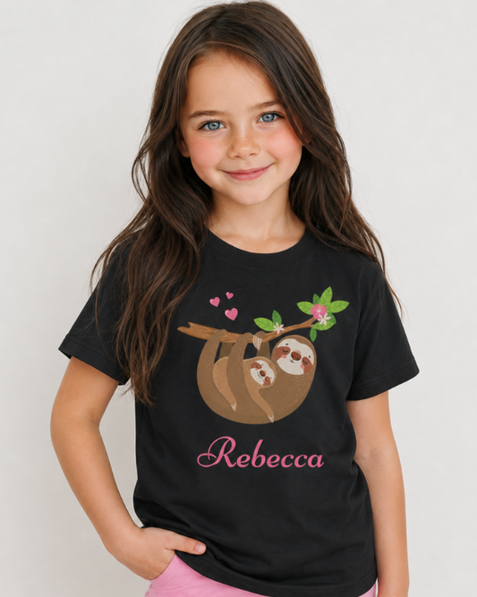 Girl wearing black personalised sloth T-shirt with Rebecca name and pink leggings in studio mockup