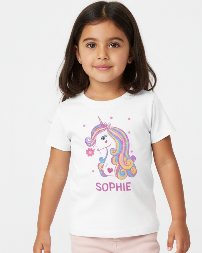 Young girl wearing personalised unicorn t-shirt with name “Sophie”, white kids tee with rainbow unicorn design in studio setting