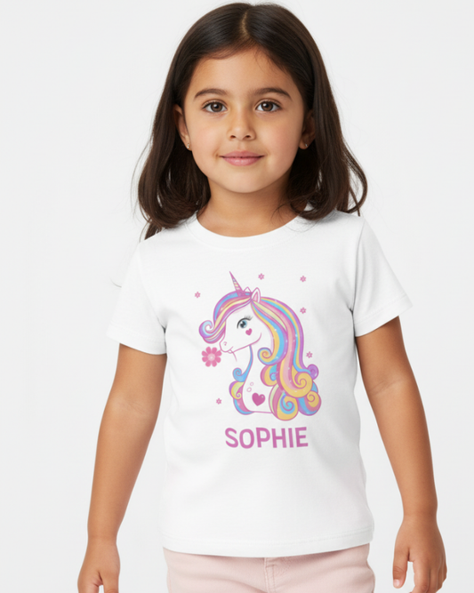 Young girl wearing personalised unicorn t-shirt with name “Sophie”, white kids tee with rainbow unicorn design in studio setting